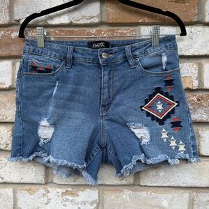 Nanette Lepore Mide Rise Denim Distressed Tribal Aztez Embroidered Jean Shorts 8